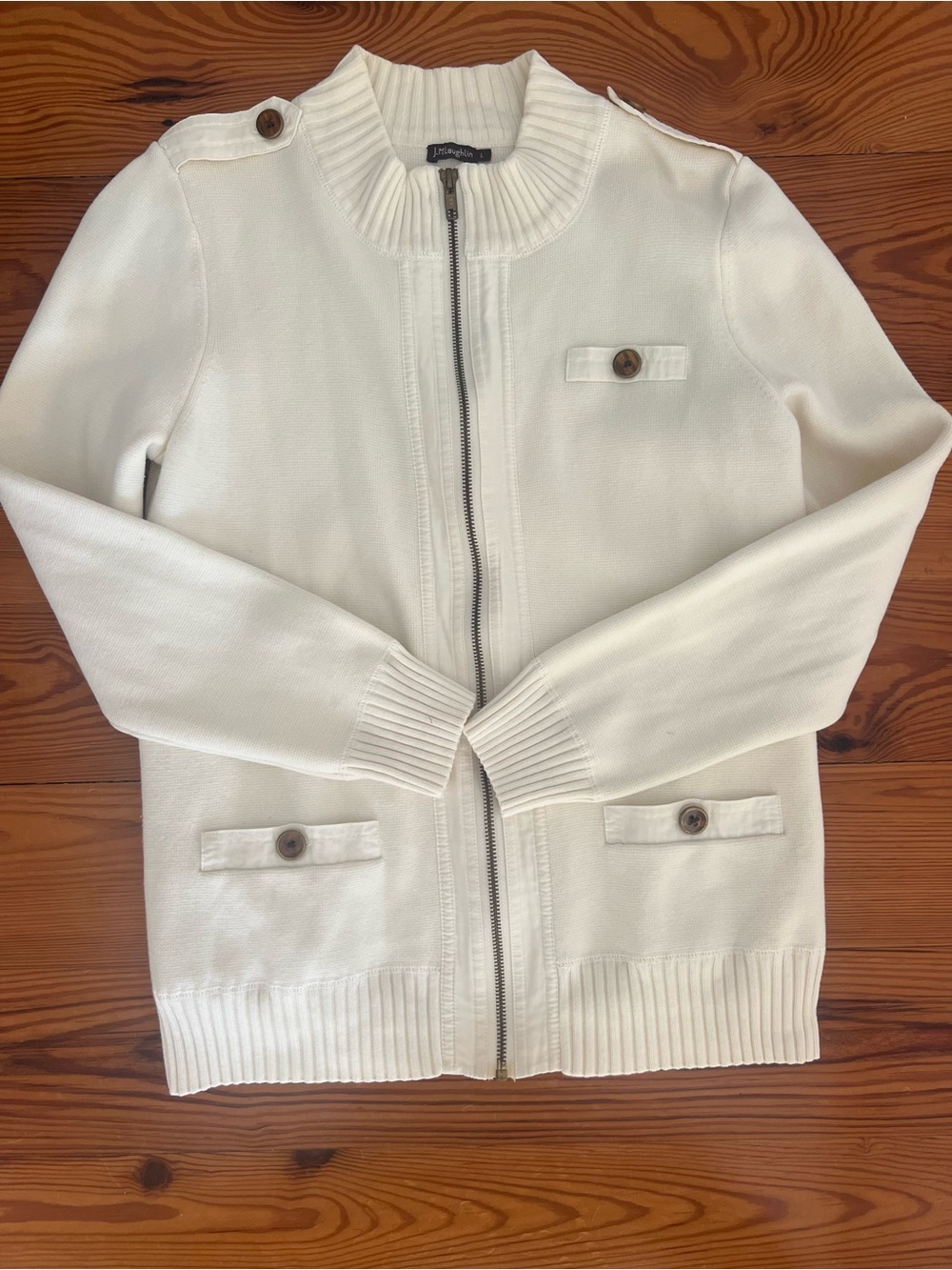 J. McLaughlin Cream Zip-Front Sweater Cardigan/Jacket with Button Accents